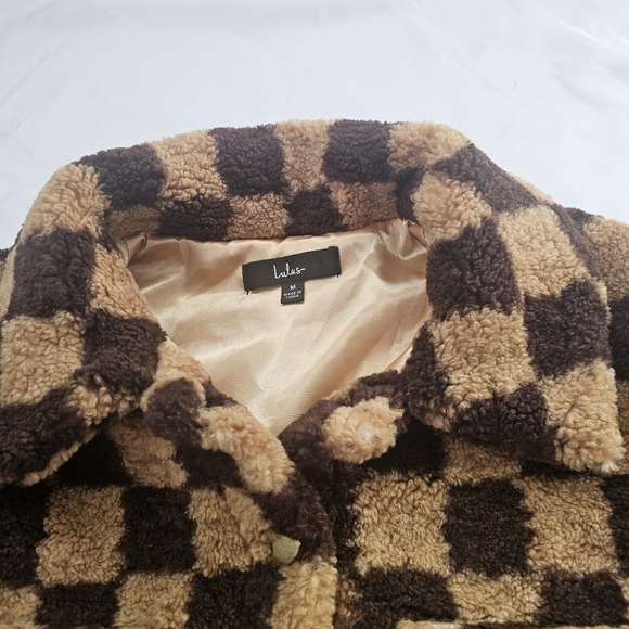 Lulus On My Checklist Tan and Brown Checkered Cropped Teddy Jacket - Picture 6 of 15